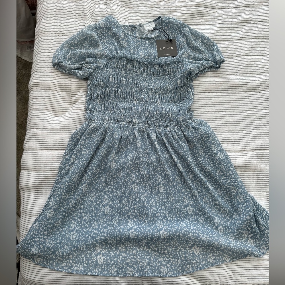 Le Lis smocked blue and white short sleeved dress